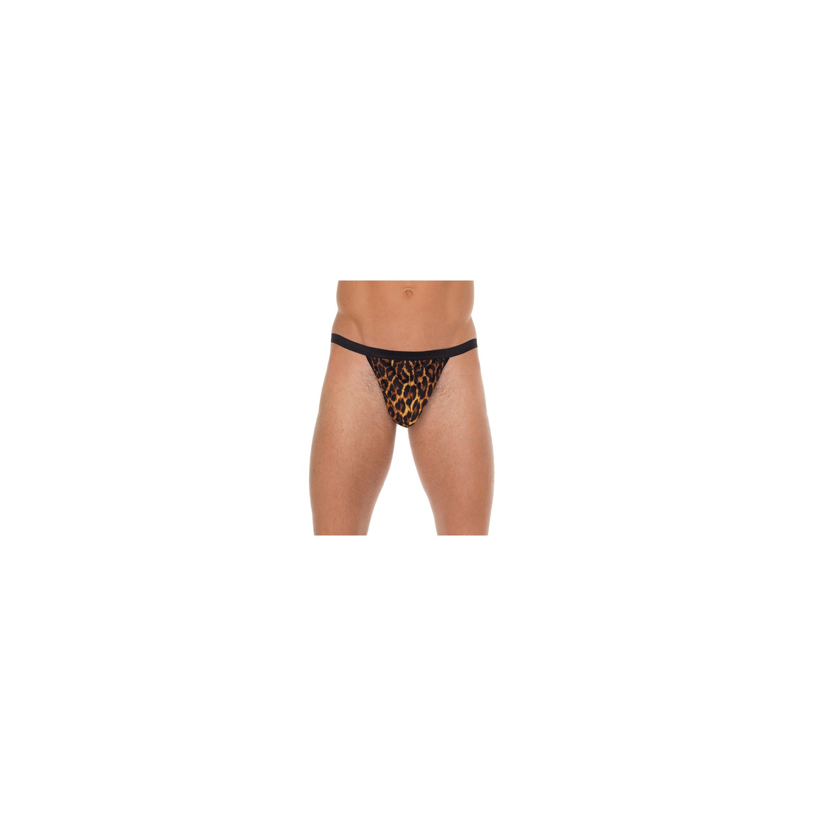 Mens Black G-String with Leopard Print Pouch