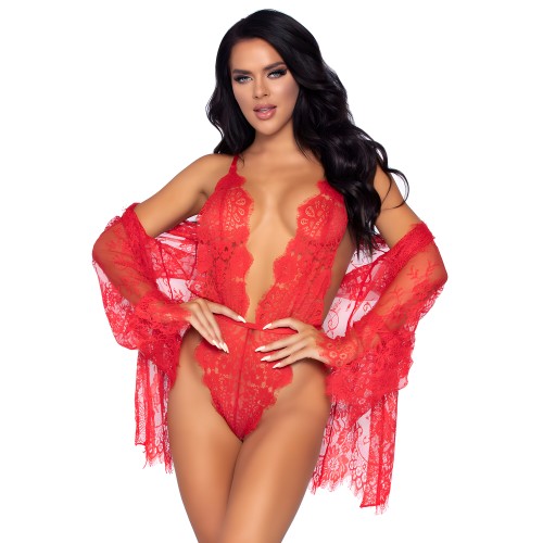 Leg Avenue Floral Lace Teddy and Robe Red Large