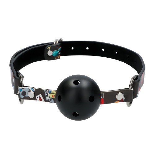 Ball Gag Transpirable Ouch Con Correas de Cuero Impresas - Negro